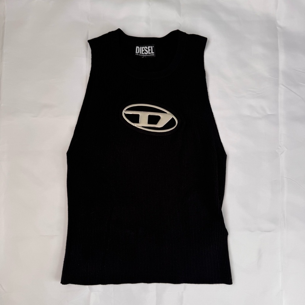 Diesel Black Knit Tank with Metal Plate Logo